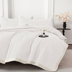 $44 BOV Beige Quilt Set Queen Size, Striped Quilt Set Lightweight Microfiber Bedspread Coverlet, Farmhouse Bedding with 2 Pillow Shams, All Season Thin Comforter, 92x96 Inch