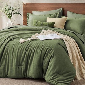 $36 JOLLYVOGUE Queen Comforter Set 7 Pieces Dark Green, Cationic Dyeing Bed in a Bag Queen, Double-Tone Bedding Set with Down Alternative Comforter, Sheets, Pillowcases & Shams