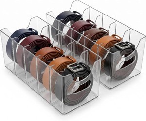 $25 Clear Acrylic Belt Organizer 2 Pack, Stackable Belt Holder with 5 Removable Dividers & Built-in Handles, Multi-Purpose Drawer Closet Storage Display Bin for Belts, Ties, Socks, Underwear