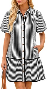 $40 Wenrine Womens Summer Button Down Shirt Dress Striped Puff Sleeve Dresses Size Large