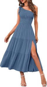 $50 MEROKEETY Womens One Shoulder Smocked Summer Sleeveless Midi Dresses Size Small