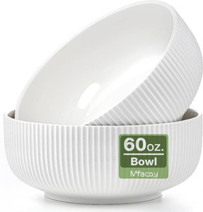 $21 Mfacoy 2 Pack Salad Bowl, 8 inch 60 oz Large Serving Bowl Set, Deep Bowl for Kitchen, White Ceramic Bowl Set for Soup, Cereal, Ramen, Pasta, Salad, Dishwasher & Microwave Safe, Easy Clean
