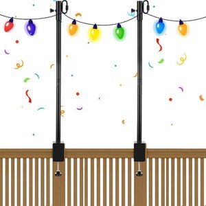 $73 6 Pack Deck String Light Poles with Adjustable 3 Clamp, Outdoor Light Poles for String Lights Garden Backyard Deck Fence Railing Hanging Bird Feeders, Lanterns, Wind Chimes (28 Inch)
