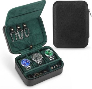 $36 3-Slot Travel Watch Case for Men, Watch Organizer Box, Black- Green