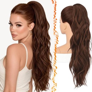 $22 BARSDAR 25 Inch Synthetic Dual Claw Clip Auburn Brown Loose Wavy Ponytail