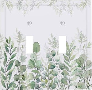 Green Eucalyptus Rustic Botanical Plant Leaves Double Toggle Boho Light Switch Covers Decorative 2 Gang Wall Plate Dual Electrical Faceplate Switchplate for Country Bedroom Decor