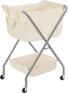 $39 STORAGE MANIAC Collapsible Laundry Cart with Wheels 35.6H Removable Canvas Bag Rolling Laundry Hamper Clothes Basket with Wheels, Sturdy Steel Frame Folding for Small Narrow Space Easy Storage, Beige
