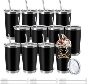 $50 YOUKE OLA 9 Pieces Insulated Coffee Tumbler Blank Stainless Steel Double Wall Vacuum Travel Tumbler Cup with Lid and Straw for DIY Gift, Black 20oz