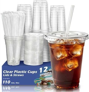 110 Pack 12 oz Clear Plastic Cups with Lids and Straws