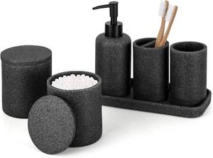 $38 ZCCZ Black Stone Bathroom Accessories Set 6 Pieces - Toothbrush Holder, Lotion Dispenser, Qtip Container, Vanity Tray, Tumbler - Countertop Organizer for Bathrooms - Elegant and Functional D cor Set