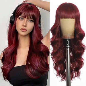 $20 Burgundy Wig with Bangs for Women Long curly wavy Wigs 26IN Synthetic Hair