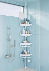 $40 XLHOMO 32-122inch Corner Shower Caddy Tension Pole All White, Rustproof Drill-Free Shower Shelves for Bathroom Bathtub Washbasin, Adjustable Shower Organizer with 4 Tier Patent Shelves & Towel Bars