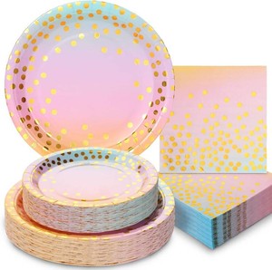 $22 150PCS Pastel Rainbow Plates and Napkins Party Supplies Golden Dot Pastel Paper Plates Disposable for Girls Birthday Baby Shower Graduation Party Patriotic Day, Serves 50