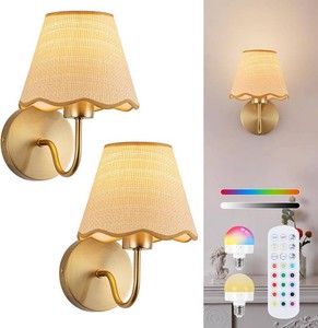 $60 ADISUN Battery Operated Wall Sconce Set of 2, Gold Wall Lamps Rechargeable Bulbs for Living Room, Rattan Shade Wireless Wall Lights for Bedroom Living Room Hallway Kitchen(2 Bulbs Included)