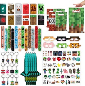 $30 120 PCS Party Favors for Pixel Theme Birthday Party Supplies, Goodie Bag Stuffers Favors includes 50 Stickers, 12 Gift Bags,12 Wristbands,12 Keychains,10 Sword Foil Balloons,12 masks,12 Mini Notepads.