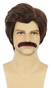 $21 karlery Men Short Brown Wig Mustache Wig 70s 80s Theme Party Wig