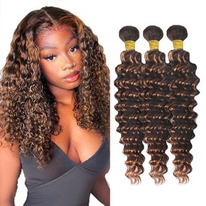 $20 P430 Highlight Chocolate Bundles Human Hair Deep Wave Bundles 12 14 16 Inch Unprocessed Brazilian Virgin Hair Weave 3 Bundle Brown Human Hair Extensions 50 Grams Per Bundle
