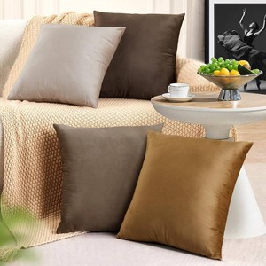 Throw Pillow Covers 18x18 Set of 4 - Couch Pillow Covers for Living Room Decorative Velvet Pillow Covers Neutral Soft Sofa Pillow Covers for Bed Bedding Room(Brown)