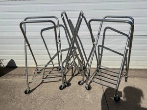 LOT OF 3 Heavy-Duty Commercial Folding Rolling Laundry Hamper Stands, Chrome Metal Frames, Mobile Linen Collection &amp Transport Carts, Space-Saving Collapsible Design, Swivel Casters, Hospital, Nursing Home, Hotel &amp Commercial Laundry Use