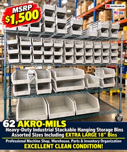 MSRP $1500 62 AKRO-MILS Heavy-Duty Industrial Stackable Hanging Storage Bins, Assorted Sizes Including EXTRA LARGE 18 Bins, Made in USA, Professional Machine Shop, Warehouse, Parts &amp Inventory Organization, EXCELLENT CLEAN CONDITION&nbsp