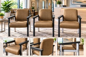 SET OF 3 HIGH-QUALITY OVERSIZED Stylish Commercial Guest &amp Executive Reception Chairs, Premium Stain-Resistant &amp Fade-Resistant Golden Brown Shimmer Upholstery, Ultra Heavy-Duty Metal Frames Professional Clinic Reception Seating Excellent Cond