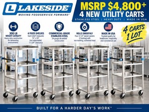 MSRP $4,800 LOT OF 4 NEW LAKESIDE Professional Stainless Steel UtilityLinen Carts, 4 Fixed Shelves, 300-Lb Capacity, Made in USA - Hospital Hotel Healthcare Commercial -Scratch &amp Dent Floor Models