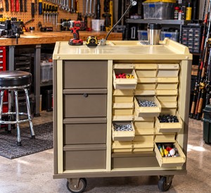 Large Heavy-Duty Rolling Garage Storage &amp Craft Organizer Cabinet, Multi-Bin Parts Storage, Large Drawers, Pull-Out Work Surface, Fishing Tackle, Tools, Hardware, Sewing, Beading &amp Hobby Supplies, Mobile Workshop Station Built-In Waste Receptacle