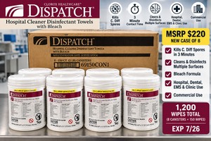 MSRP $220 NEW CASE OF 8 Clorox Healthcare Dispatch Hospital Cleaner Disinfectant Towels With Bleach, 1,200 Wipes, Kills C. Diff Spores, 3-Minute Contact Time, Medical, Dental, EMS, Clinic &amp Commercial Use, EXP 726