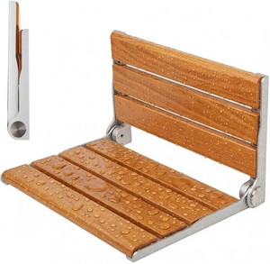 Folding Shower Seat Wall Mounted, Foldable Shower Chair, Solid Wooden Chair Stainless Steel Frame 400 Lbs, Space-Saving Fold-Up Shower Seat