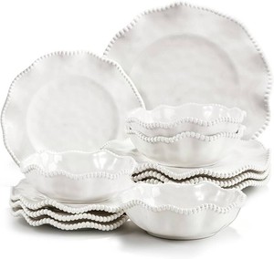 Perlette Melamine Dinnerware Sets,Service for 4, Cream Plates and Bowls Set with Beaded Edge, BPA Free Dishwasher Safe, Heavy Duty Unbreakable Dinnerware for Wedding Party Camping Outdoor