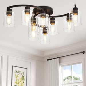 Doltoro Semi Flush Mount Ceiling Light Fixtures, Black Kitchen Light Fixtures Ceiling Mount, 9 Light Industrial Ceiling Lights with Clear Glass Shade for Bedroom Hallway Living Room