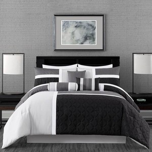 Chezmoi Collection Upland 7-Piece Quilted Patchwork Comforter Set, BlackGrayLight Gray, Queen