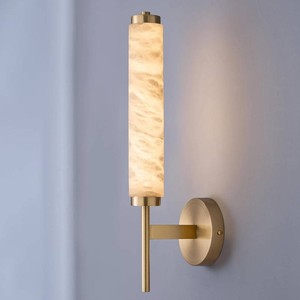$120 Modern Alabaster Wall Sconce, 18.9 Brass Wall Mounted Light Fixture with Cylindrical Natural Marble Shade, 3000K, LED Warm Light, Marble wall light for Bathroom Vanity, Bedroom, Living Room (Gold)