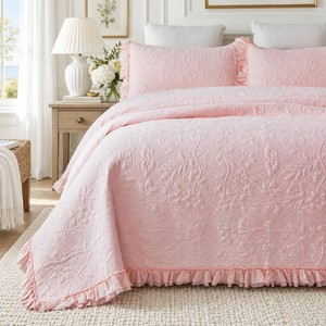 $199 Brandream Pink Cotton Quilt Set King Ruffled Matelasse Coverlet 3PC