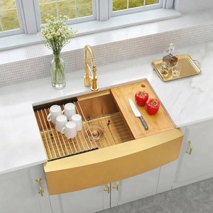 $360 Gold Farmhouse Kitchen Sink, 16 Gauge SUS304 Stainless Steel Farm Sinks, All In One Workstation Sink with Ledge & Accessories, 33 x 20 x 10 Large and Deep Gold Undermount Kitchen Sink
