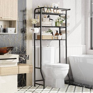 Simple Trending Over The Toilet Storage Cabinet, Metal Bathroom Shelf Organizer with Paper Holder and Hooks, 3 Tier, Black