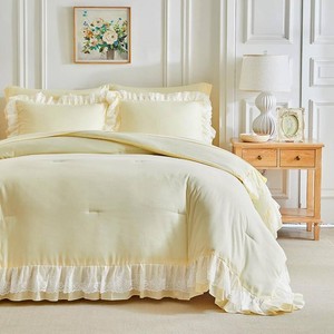 Joyreap Queen Size Comforter Set Yellow, 3pcs Lace Ruffled Bedding Comforter Set, Microfiber Vintage Boho Chic Bedding Set for All Season- 88x88 inches