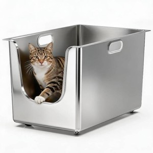 $130 Stainless Steel Litter Box 13.7 High Sides, XL Metal Cat Litter Box with Curved Low Entry, Cat Litter Pan for Big & Multiple Cats, Pet Toliet with Handy Wheels for Easy Moving