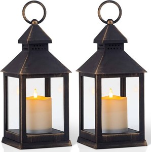 Vintage Golden Brushed Black Lantern Decorative LED Flickering Flameless Candle with Timer, Battery Powered LED Decorative Hanging Lanterns for Indoor Outdoor Garden Yard Home Decor(2 Pack)