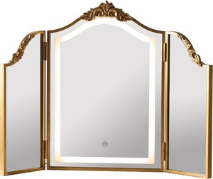 $178 HSDDHOME Antique Gold Triple Fold Makeup Mirror with Tri-Color LED Lighting & Dimming, Baroque Carved Arch Vintage Vanity Mirror, Bohemian Decor for BedroomDressing Room, 31x23 Inch