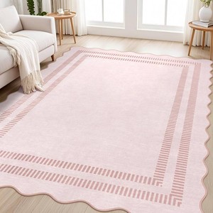 Pink Rugs for Bedroom Girls, 5x7 Washable Non Slip Area Rugs for Living Room, Soft Vintage Ultra-Thin Scalloped Carpet for Nursery Dorm Home Decor
