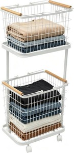 Large Laundry Baskets, Dirty Clothes Hamper with Wheels,Rolling Wire Laundry Basket Organize,2 Removable Wire Storage Metal Clothes Hamper Organizer for Laund Room, Bathroom, Bedroom, Dorm, White