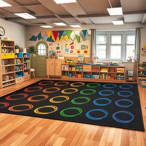 $270 Large Classroom Rugs Elementary, Colorful Circle, 13x77, Seats 24