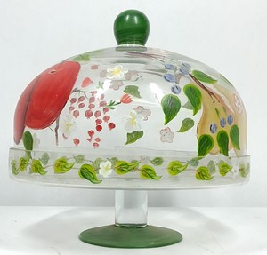 Hand-Painted Glass Cake Stand with Dome  Fruit & Floral Design