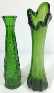 Vintage Green Glass Vases  Pressed Glass & Ruffled Art Glass