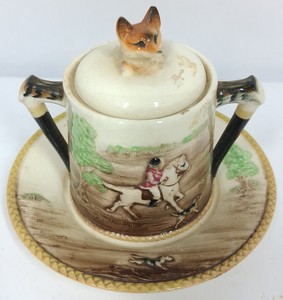 Vintage Marutomo Ware Hand-Painted Japanese Hunting Scene Covered Mug & Saucer