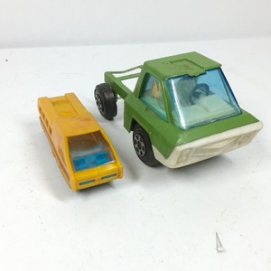 Vintage Toy Vehicles  Green Pickup Truck & Yellow Bus