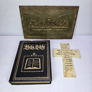 Vintage Christian Religious Decor  Holy Bible, Cross & Embossed Metal Plaque