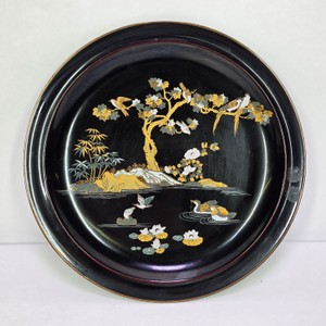 Vintage Black Lacquer Decorative Tray with Inlaid Floral & Bird Scene