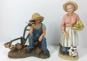 Country Farm Figurines  Farmer with Plow & Woman with Corn and Rabbits